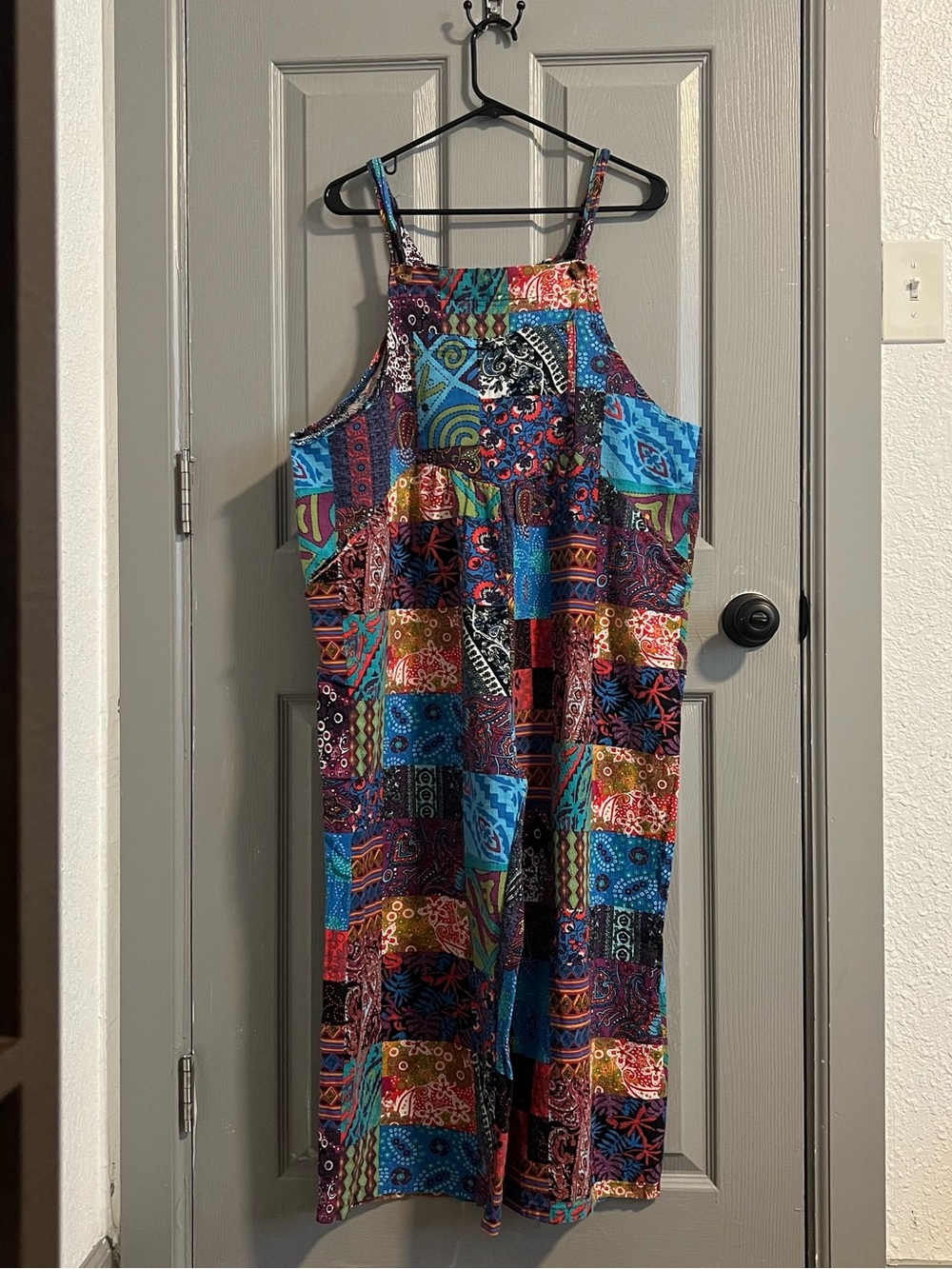 Multicolor Patchwork Print Overall Jumpsuit Button Straps Pockets Paisley